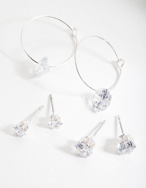 Silver Cubic Zirconia Stud and Hoop Diamante Earring 3 Pack