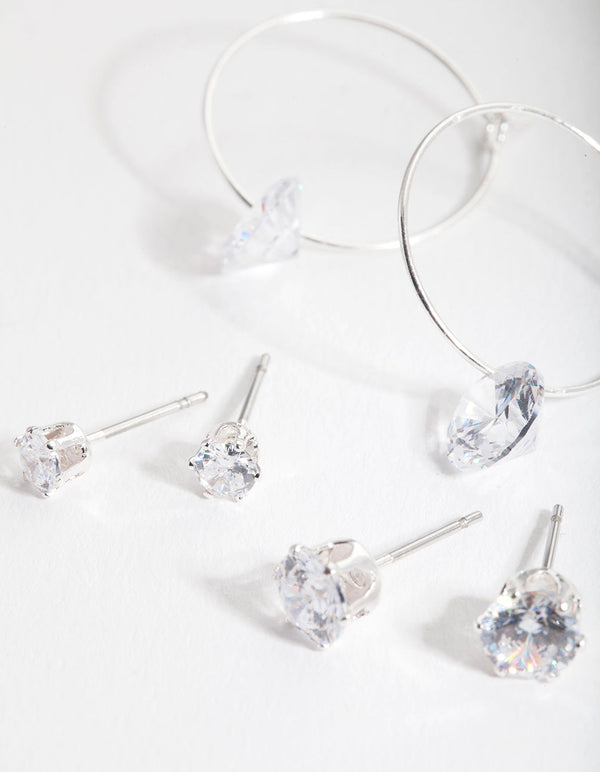 Silver Cubic Zirconia Stud and Hoop Diamante Earring 3 Pack