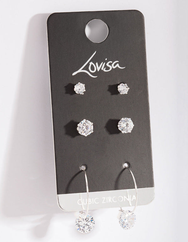 Silver Cubic Zirconia Stud and Hoop Diamante Earring 3 Pack
