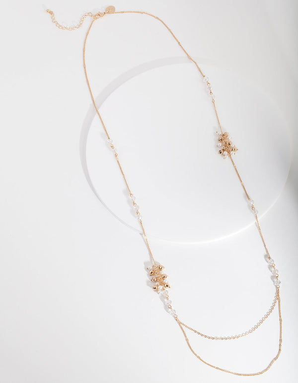 Gold Long Bead Textured Charm Necklace