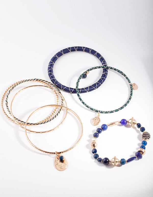 Gold Blue Thread-Wrap Bangle 7 Pack
