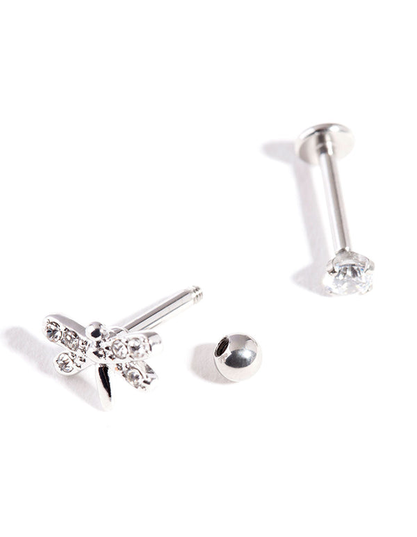 Silver Surgical Steel Cubic Zirconia Dragonfly Barbell 2-Pack