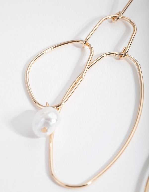 Gold Organic Shape and Pearl Drop Earrings