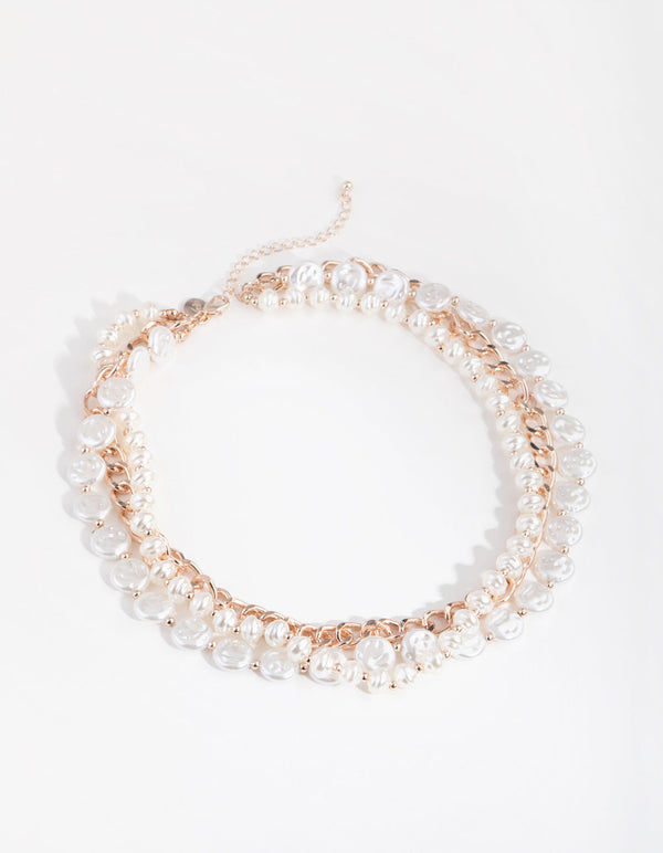 Rose Gold Layered Pearl and Chain Necklace