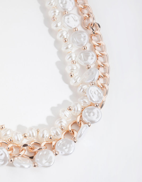 Rose Gold Layered Pearl and Chain Necklace