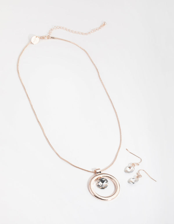 Rose Gold Open Circle Gem Necklace and Earrings