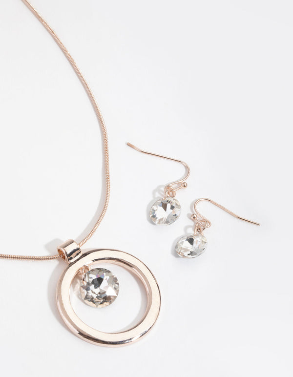 Rose Gold Open Circle Gem Necklace and Earrings