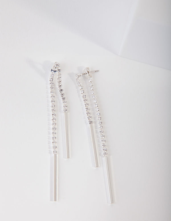 Silver Cubic Zirconia Cupchain and Bar Drop Earrings