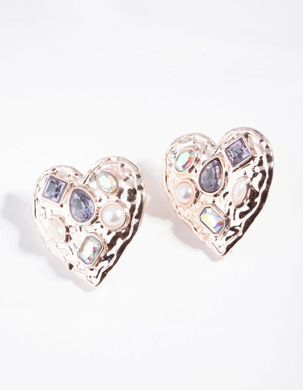Rose Gold Multi Jewel Heart Earrings
