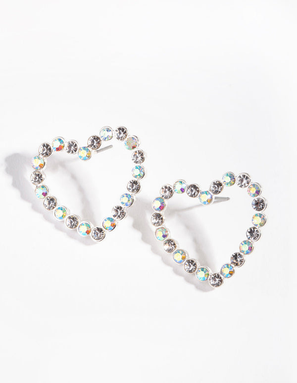 Silver Iridescent Diamante Heart Earrings