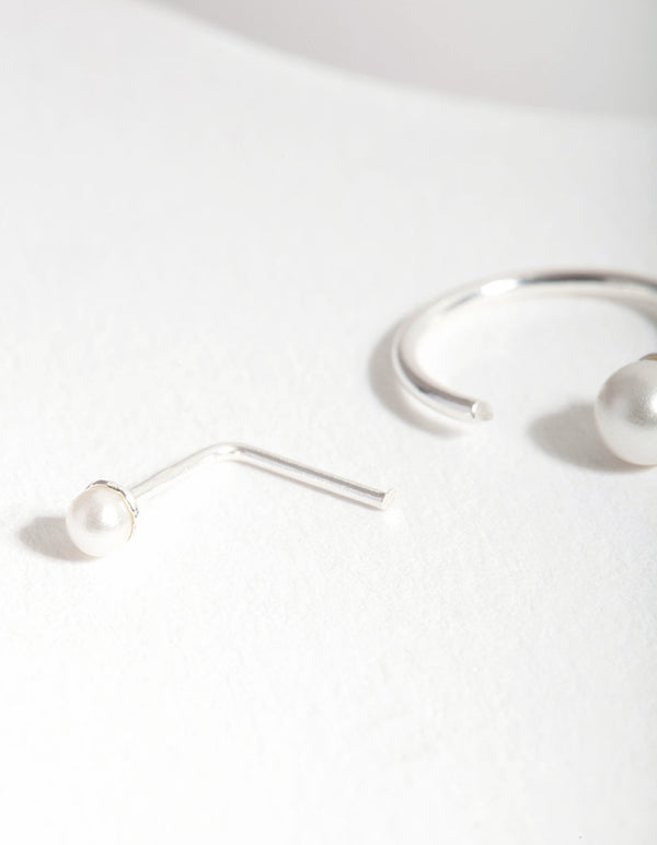 Sterling Silver Pearl Nose Stud and Ring 2 Pack