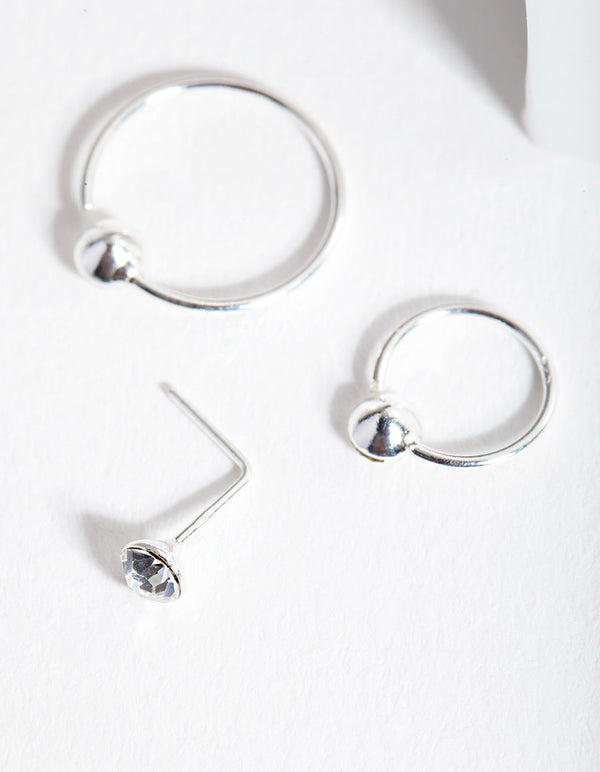 Sterling Silver Gem Nose Ring 3 Pack