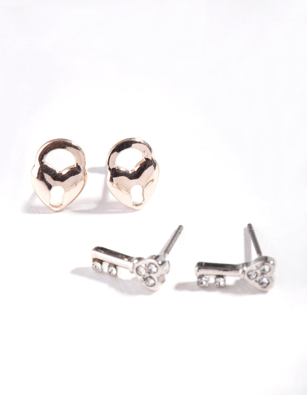 Mixed Metal Lock Key Earring Pack
