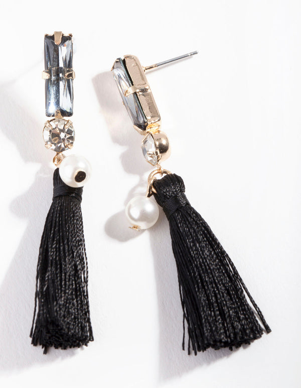 Gold Blue Tassel Gem Earrings