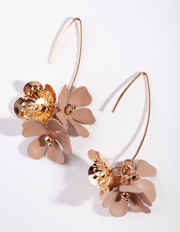 Gold Brown Floral Drop Earrings