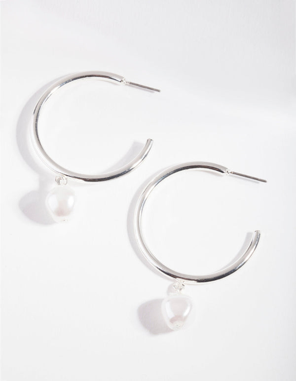 Silver Simple Pearl Hoop Earrings