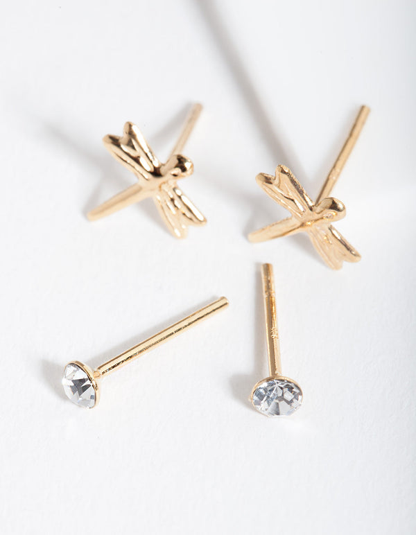 Gold Plated Sterling Silver Dragonfly Diamante Earring Pack