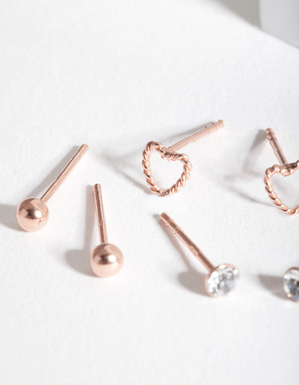Rose Gold Plated Sterling Silver Heart Stud Earring 3 Pack