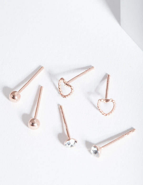 Rose Gold Plated Sterling Silver Heart Stud Earring 3 Pack