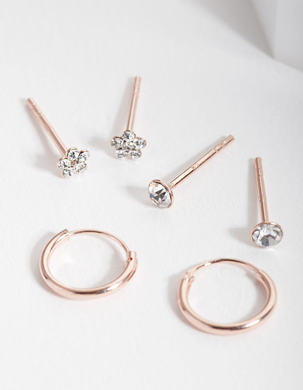 Rose Gold Plated Sterling Silver Diamante Flower Earring Pack