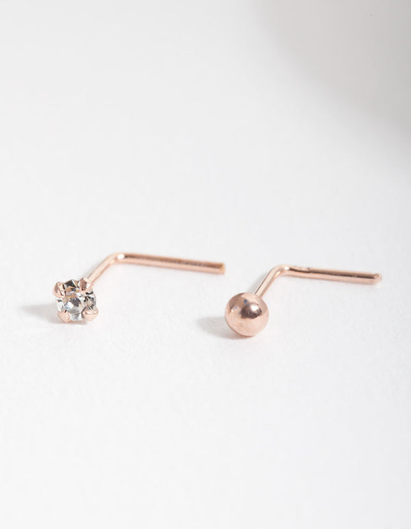 Rose Gold Plated Sterling Silver Diamante Nose Stud 2 Pack