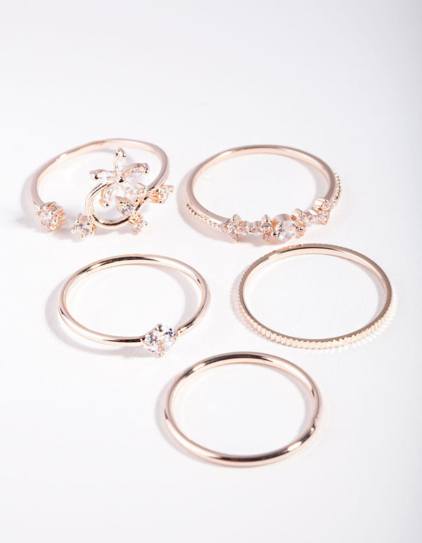 Rose Gold Cubic Zirconia Floral Ring 5 Pack