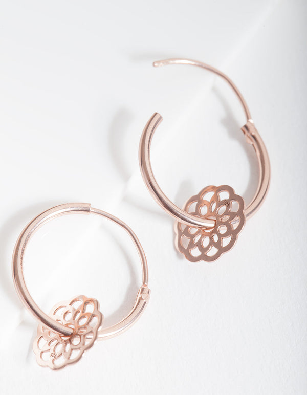 Rose Gold Plated Sterling Silver Filigree Flower Charm Hoop Earrings