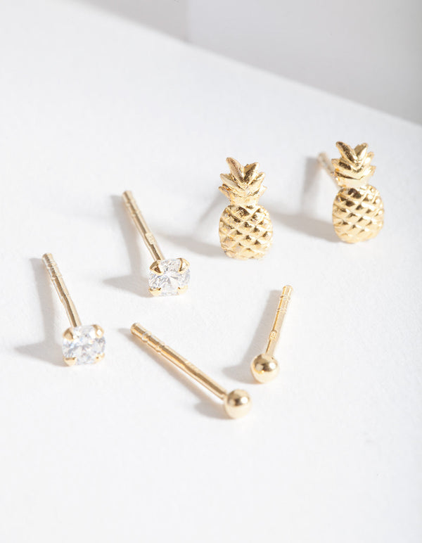Gold Plated Sterling Silver Pineapple Earring Stud Pack