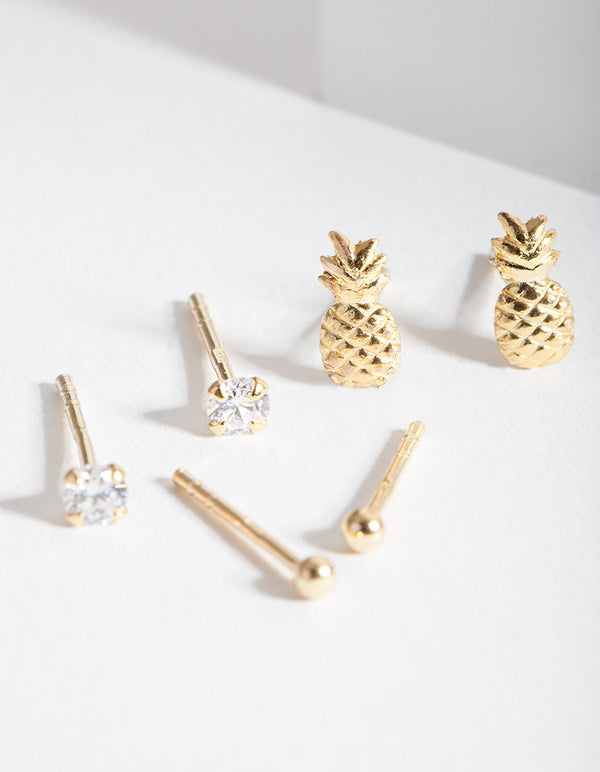 Gold Plated Sterling Silver Pineapple Earring Stud Pack
