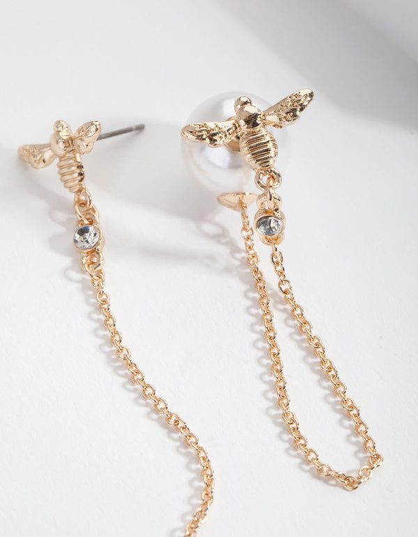 Gold Bee and Pearl Backing Drop Earrings