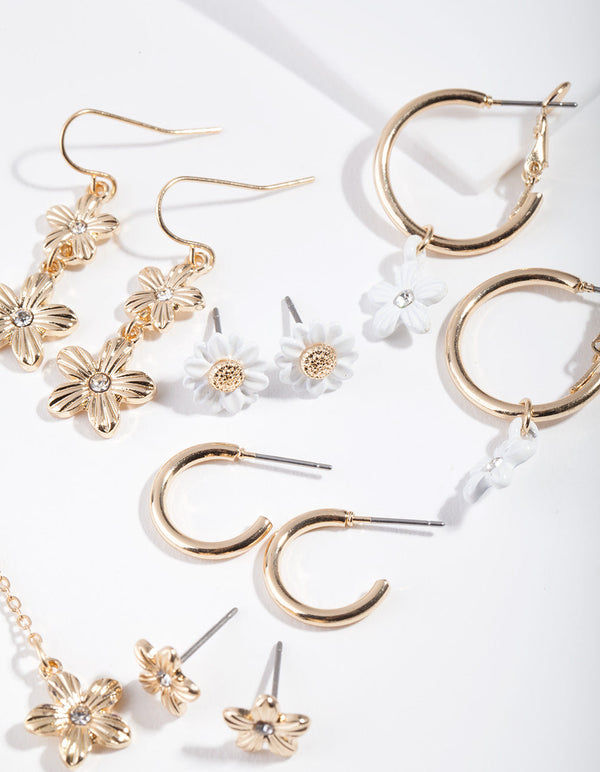 Gold Daisy White Earring 6 Pack