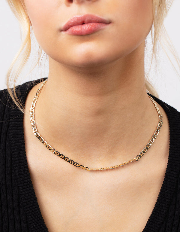 Real Gold Plated Flat Mariner Chain Necklace