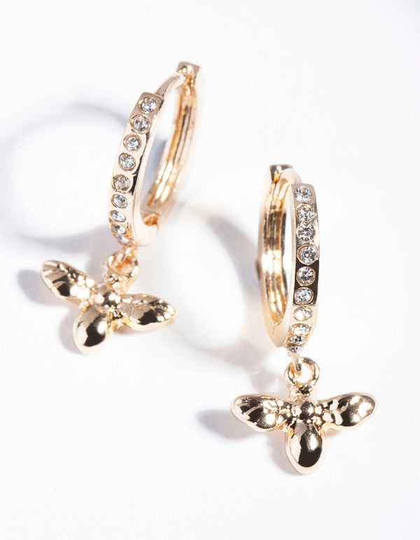 Gold Diamante Bee Charm Huggie Earrings