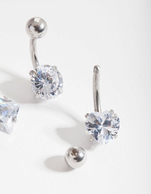 Rhodium Cubic Zirconia Belly Bar 4 Pack