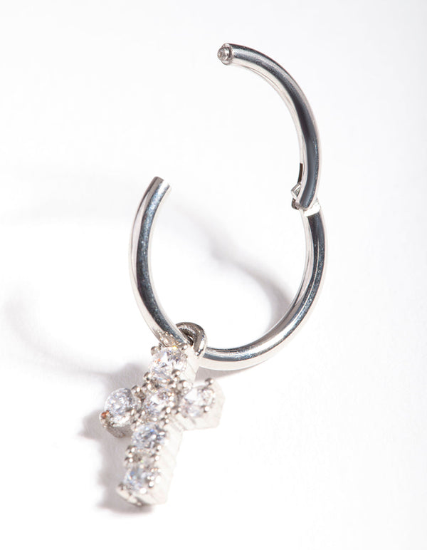 Rhodium Surgical Steel Cubic Zirconia Cross Charm Belly Ring
