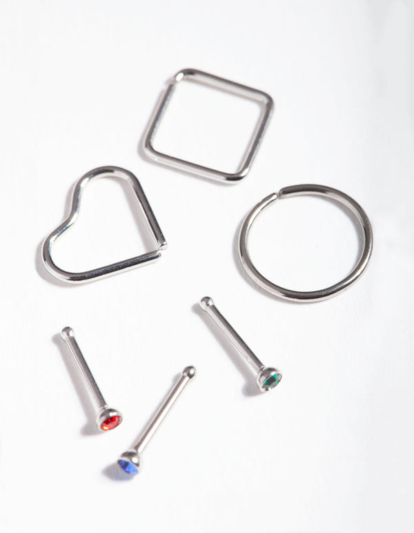Rhodium Surgical Steel Diamante Geometric Nose Pack