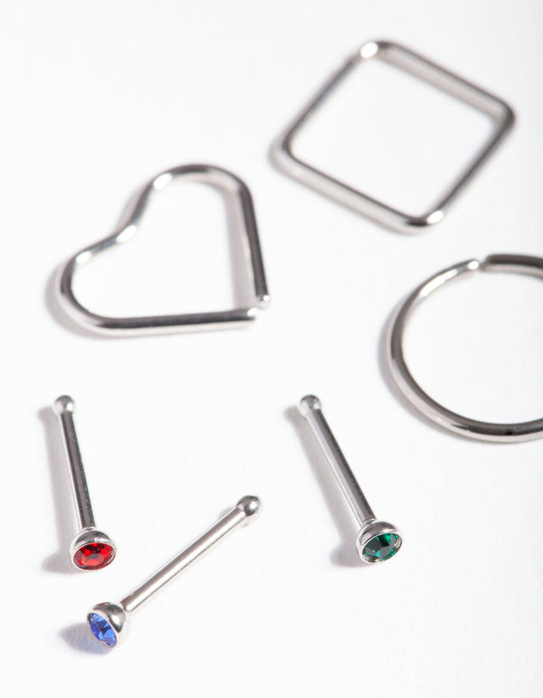 Rhodium Surgical Steel Diamante Geometric Nose Pack