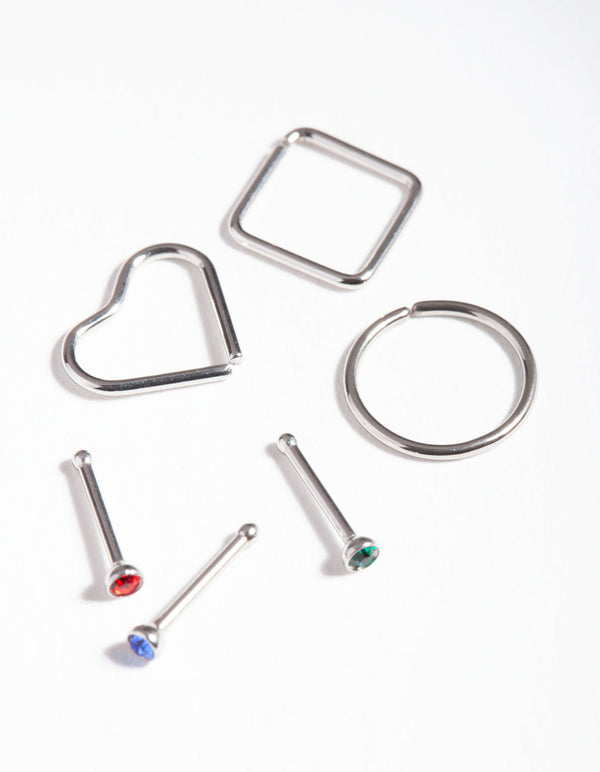 Rhodium Surgical Steel Diamante Geometric Nose Pack