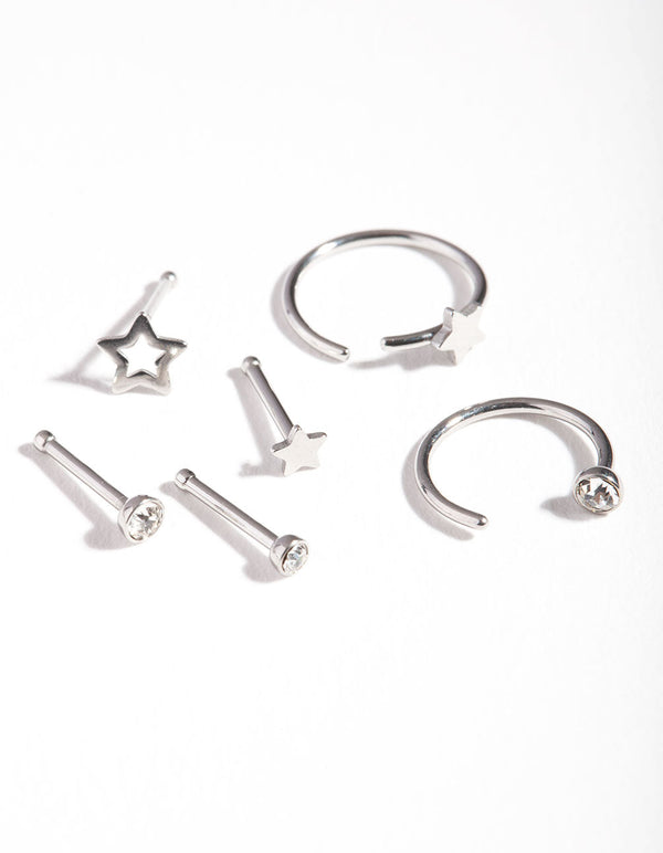 Surgical Steel Star Diamante Nose Stud 6 Pack