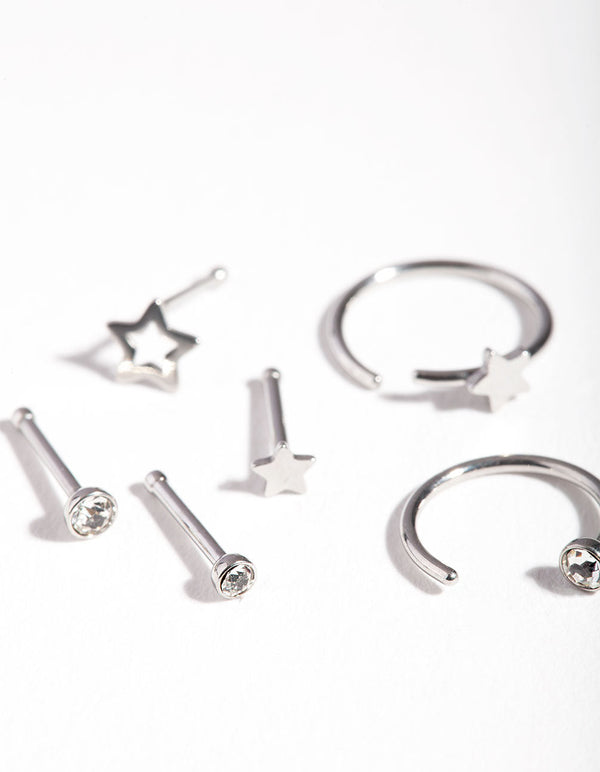 Surgical Steel Star Diamante Nose Stud 6 Pack