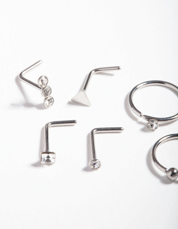 Rhodium Surgical Steel Geometric Diamante Nose Ring 6 Pack