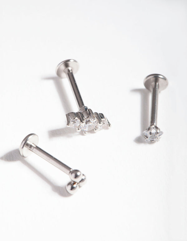 Rhodium Surgical Steel Triple Cluster Flat Back Earring 3 Pack