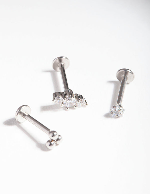 Rhodium Surgical Steel Triple Cluster Flat Back Earring 3 Pack