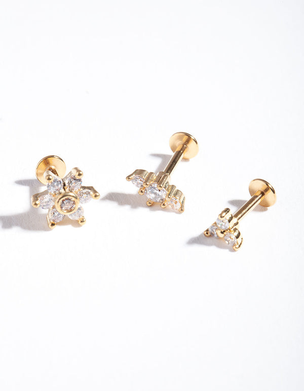 Gold Surgical Steel Floral Flat Back 3 Pack