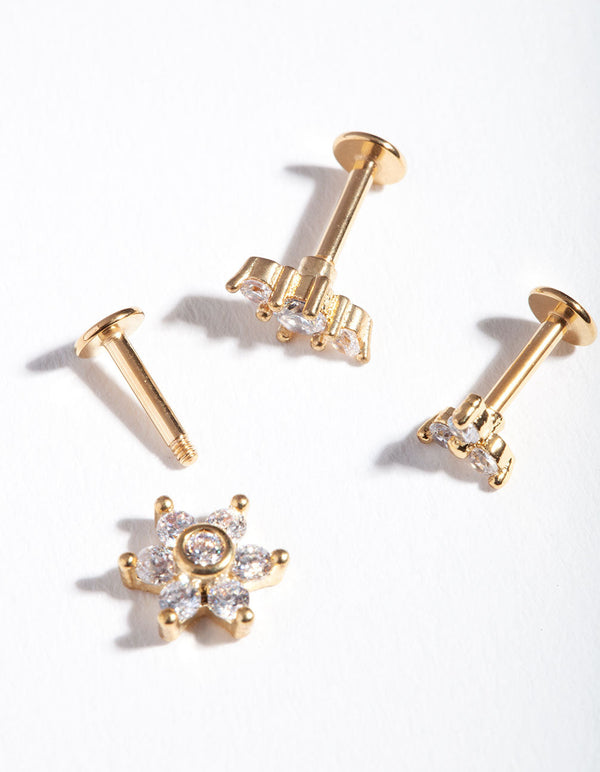 Gold Surgical Steel Floral Flat Back 3 Pack