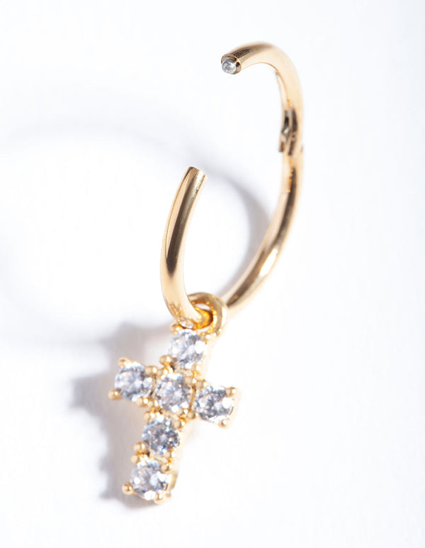 Gold Surgical Steel Cubic Zirconia Cross Charm Earrings