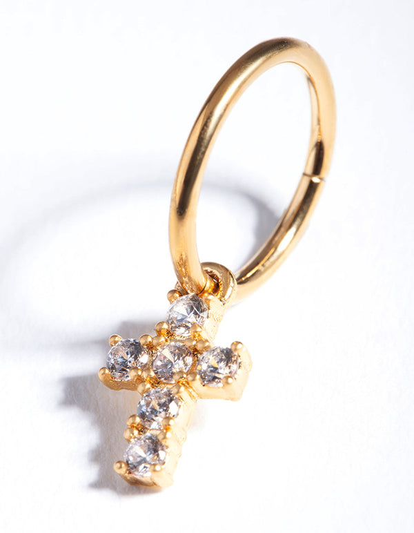 Gold Surgical Steel Cubic Zirconia Cross Charm Earrings