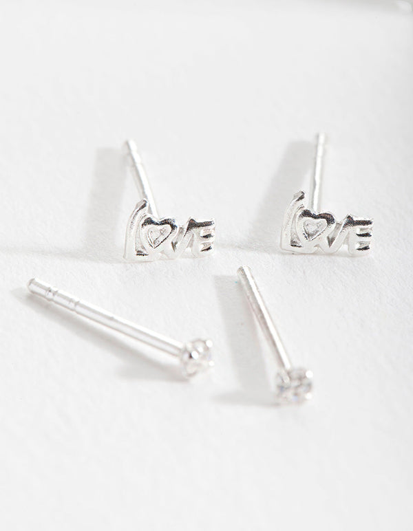 Sterling Silver Cubic Zirconia Love Stud 2 Pack