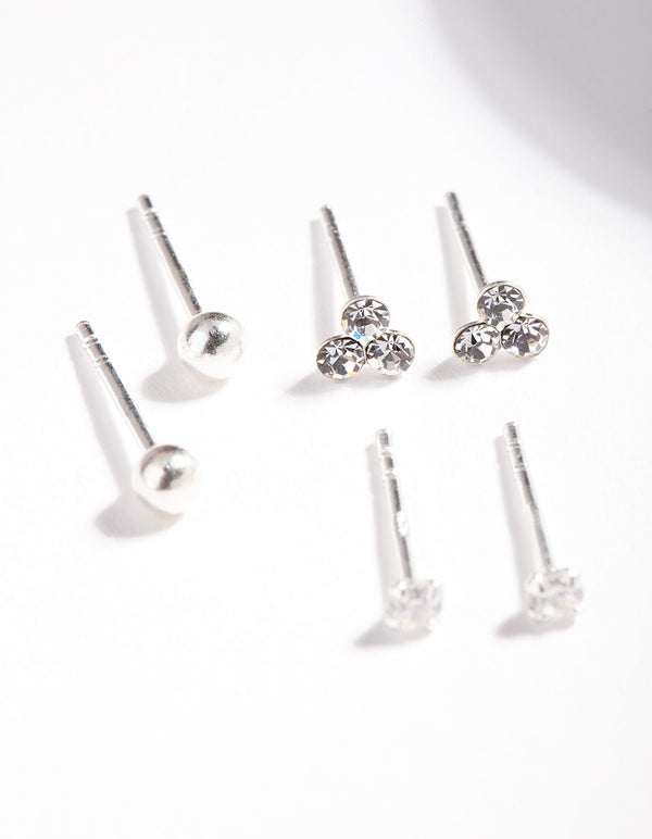 Sterling Silver Cubic Zirconia Crystal Stud Earring 3 Pack