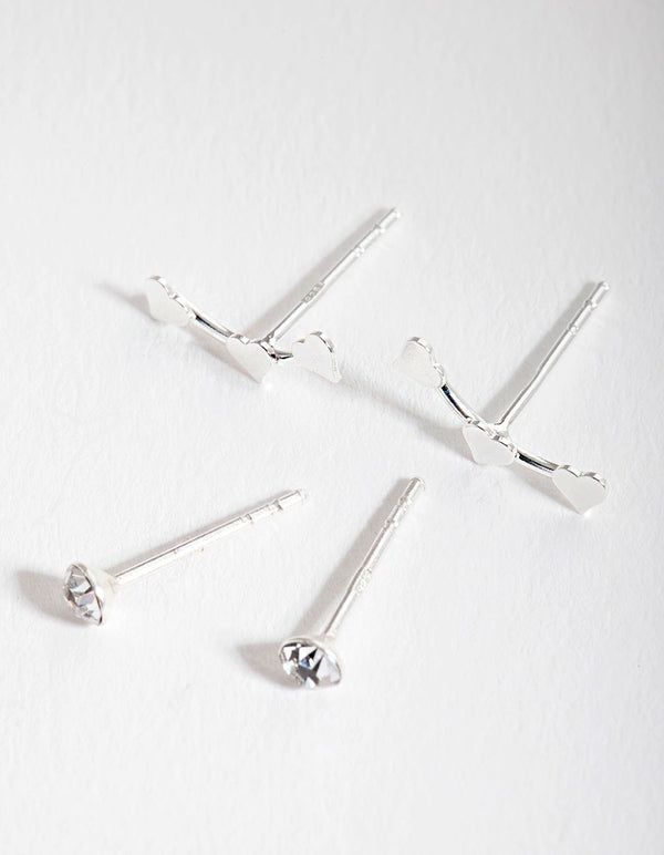 Sterling Silver Diamante Heart Stud Earring Pack